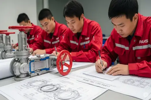 Des ingénieurs spécialisés dans les vannes examinent des dessins techniques.