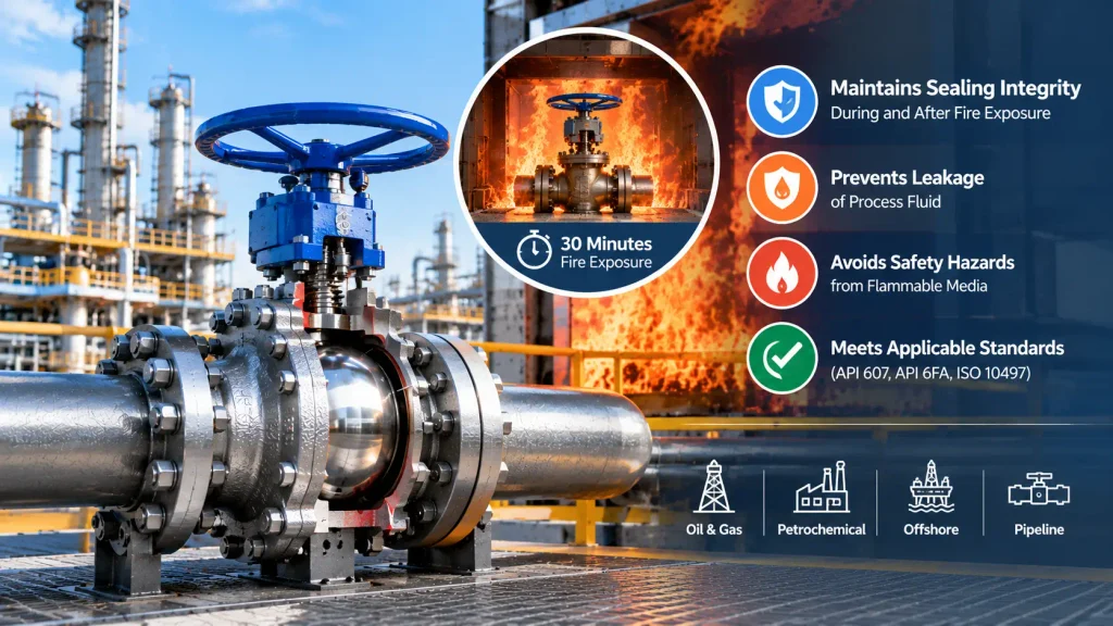 API 607 fire-safe ball valve undergoing fire testing at refinery
