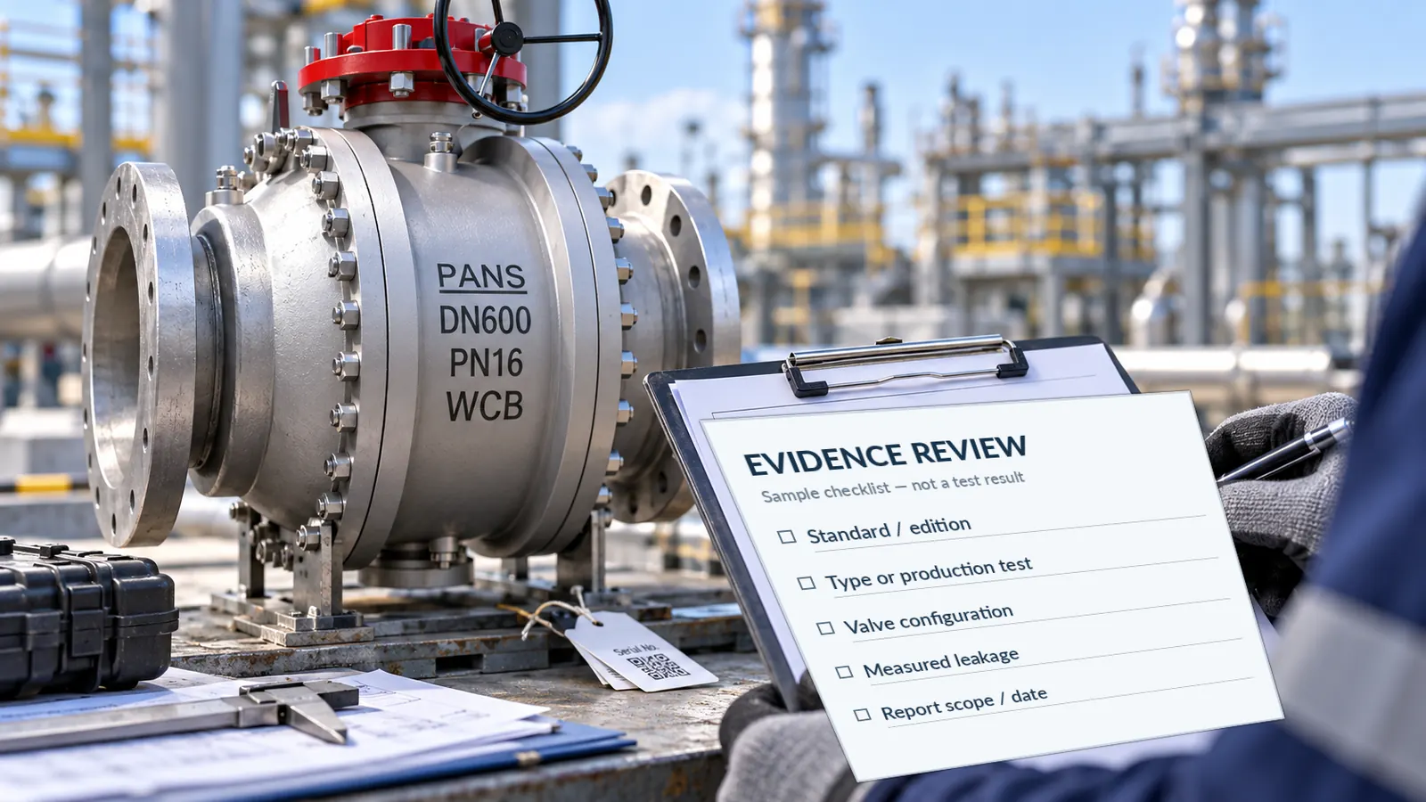 Large silver ball valve marked PANS DN600 PN16 WCB with red actuator, and a gloved worker holding a clipboard titled EVIDENCE REVIEW with checklist items, at an industrial plant.