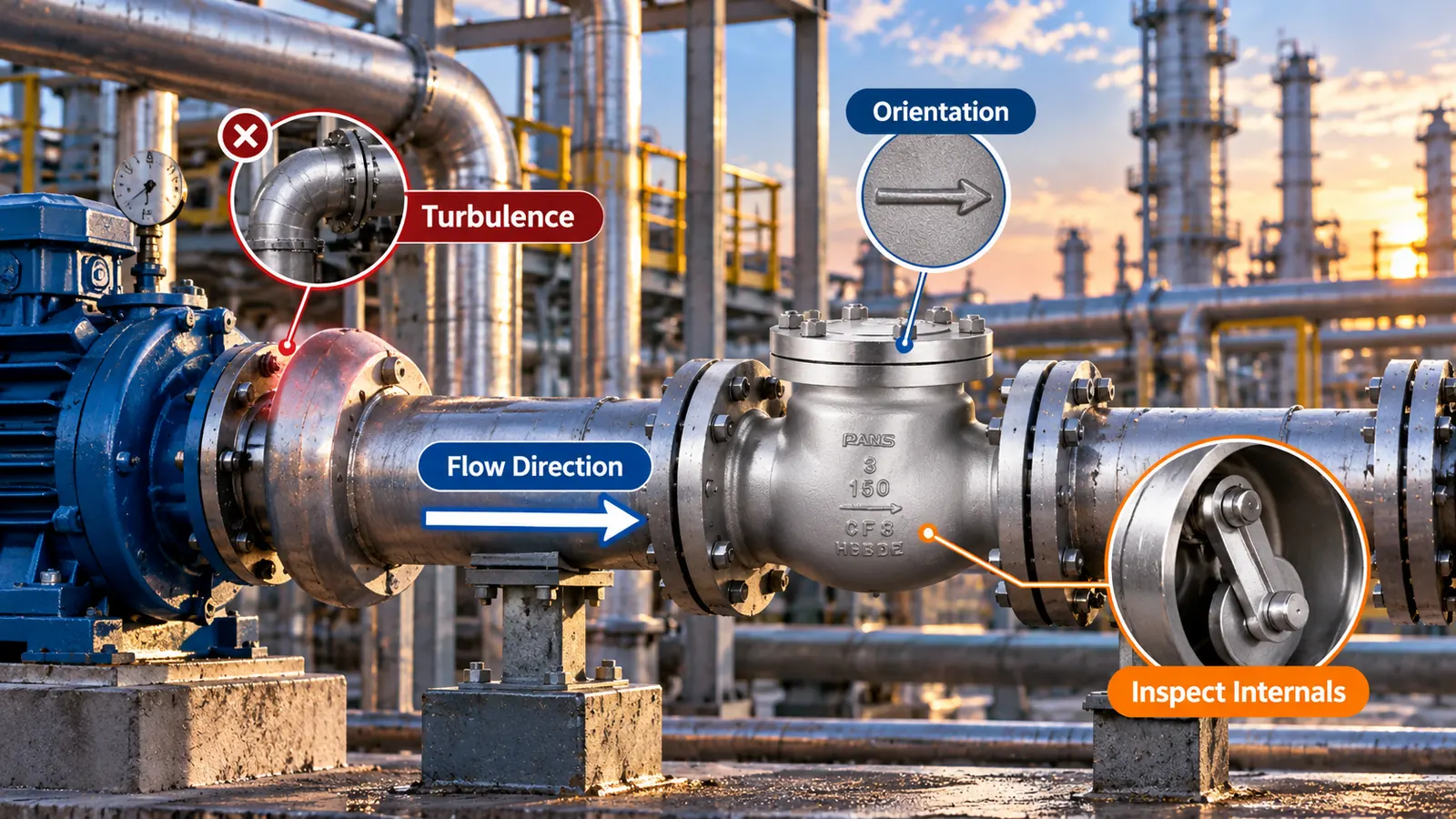 Industrial piping with a blue pump, a silver check valve, and labeled callouts reading Flow Direction, Orientation, Turbulence, and Inspect Internals, plus inset views of a valve and pipe elbow.