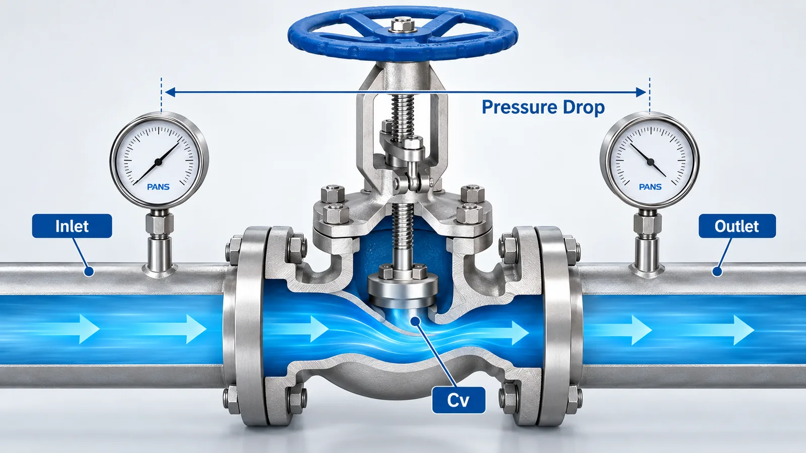 Cutaway diagram of a globe valve with blue handwheel in a pipe, blue flow arrows, pressure gauges, and labels Inlet, Outlet, Cv, and Pressure Drop.