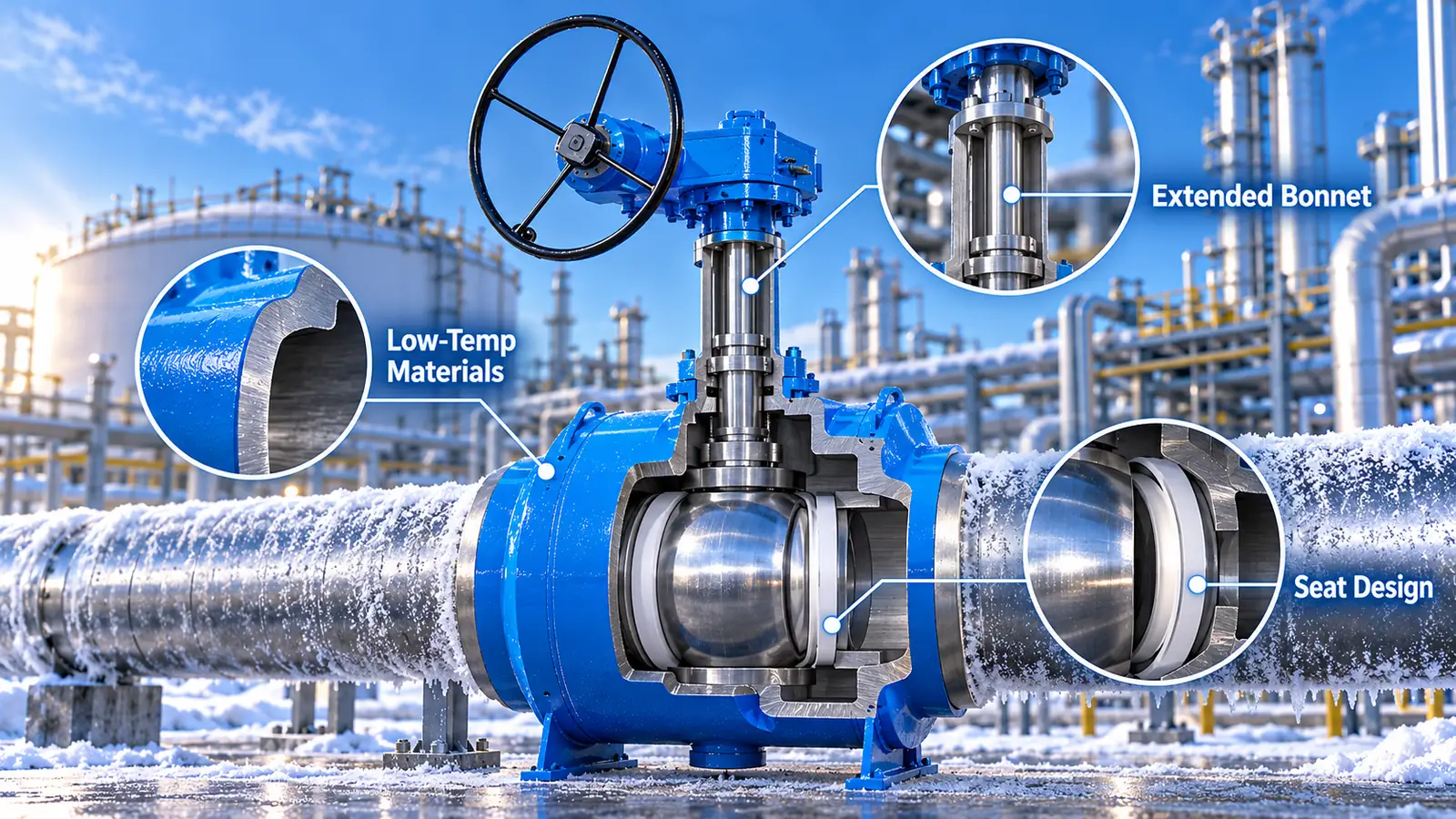 Cross-section of a blue cryogenic ball valve with a black handwheel and labeled insets: Extended Bonnet, Low-Temp Materials, and Seat Design; frosted pipes at an industrial plant.