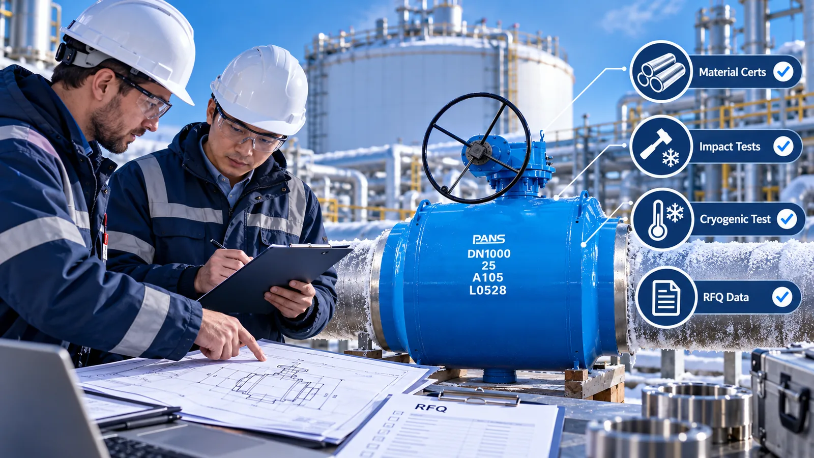Two engineers in hard hats and safety glasses review blueprints beside a large blue cryogenic ball valve covered in frost, with callouts for Material Certs, Impact Tests, Cryogenic Test, and RFQ Data.
