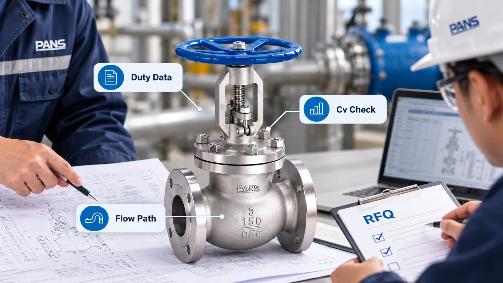 Blue-handwheel globe valve on engineering drawings, with callouts labeled Duty Data, Cv Check and Flow Path; two workers in blue uniforms and hard hats use a laptop and RFQ clipboard.