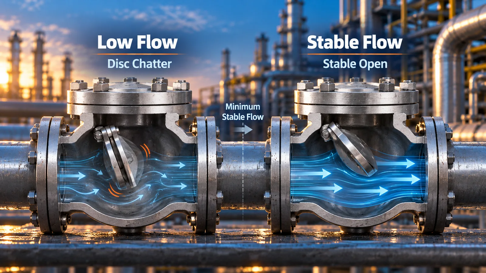 Two check valves: left labeled Low Flow Disc Chatter with wavy orange arrows; right labeled Stable Flow Stable Open with blue arrows; Minimum Stable Flow between.