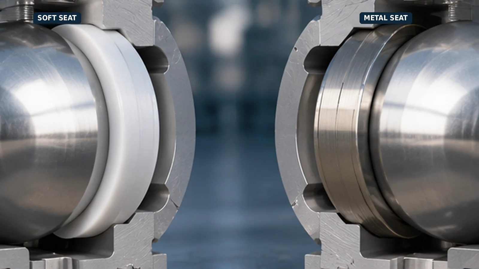 Two close-up views of ball valve seats: left labeled SOFT SEAT with a white seat ring, right labeled METAL SEAT with a metallic seat ring.