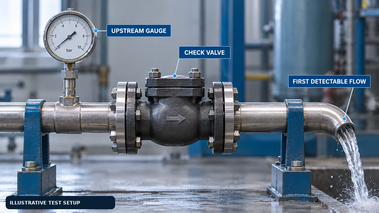 Pipe test setup with a pressure gauge marked Upstream Gauge, a black check valve, water flowing from the pipe end marked First Detectable Flow, and a label reading Illustrative Test Setup.