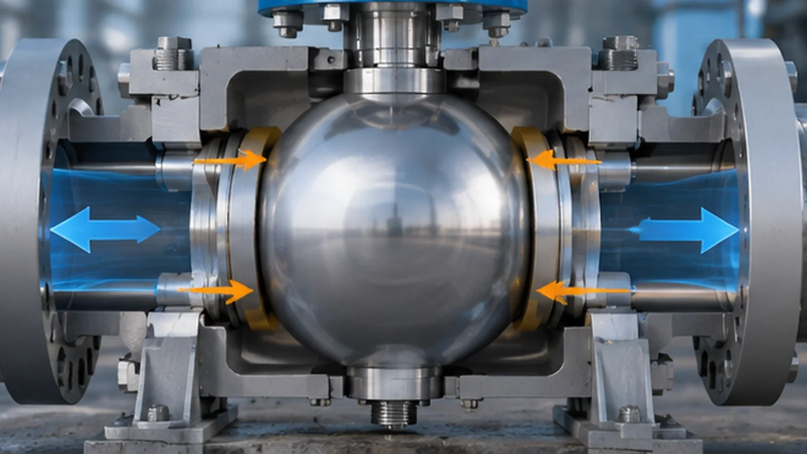 Cutaway view of an open ball valve with a polished metal ball, blue flow arrows through the bore, and orange arrows pointing to yellow seat rings inside the flanged body.